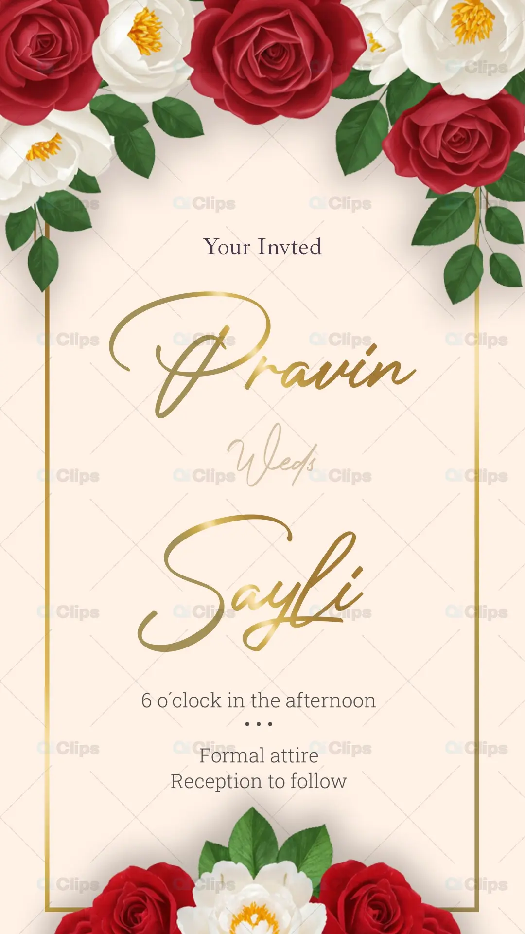 Elegant Wedding Invitation with Red and White Roses Border