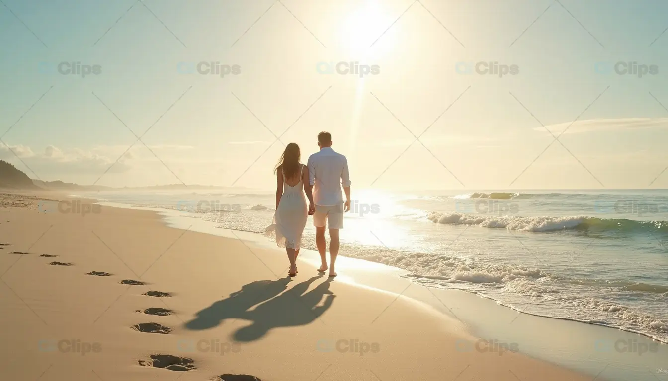Couple Strolling Along the Beach at Sunrise