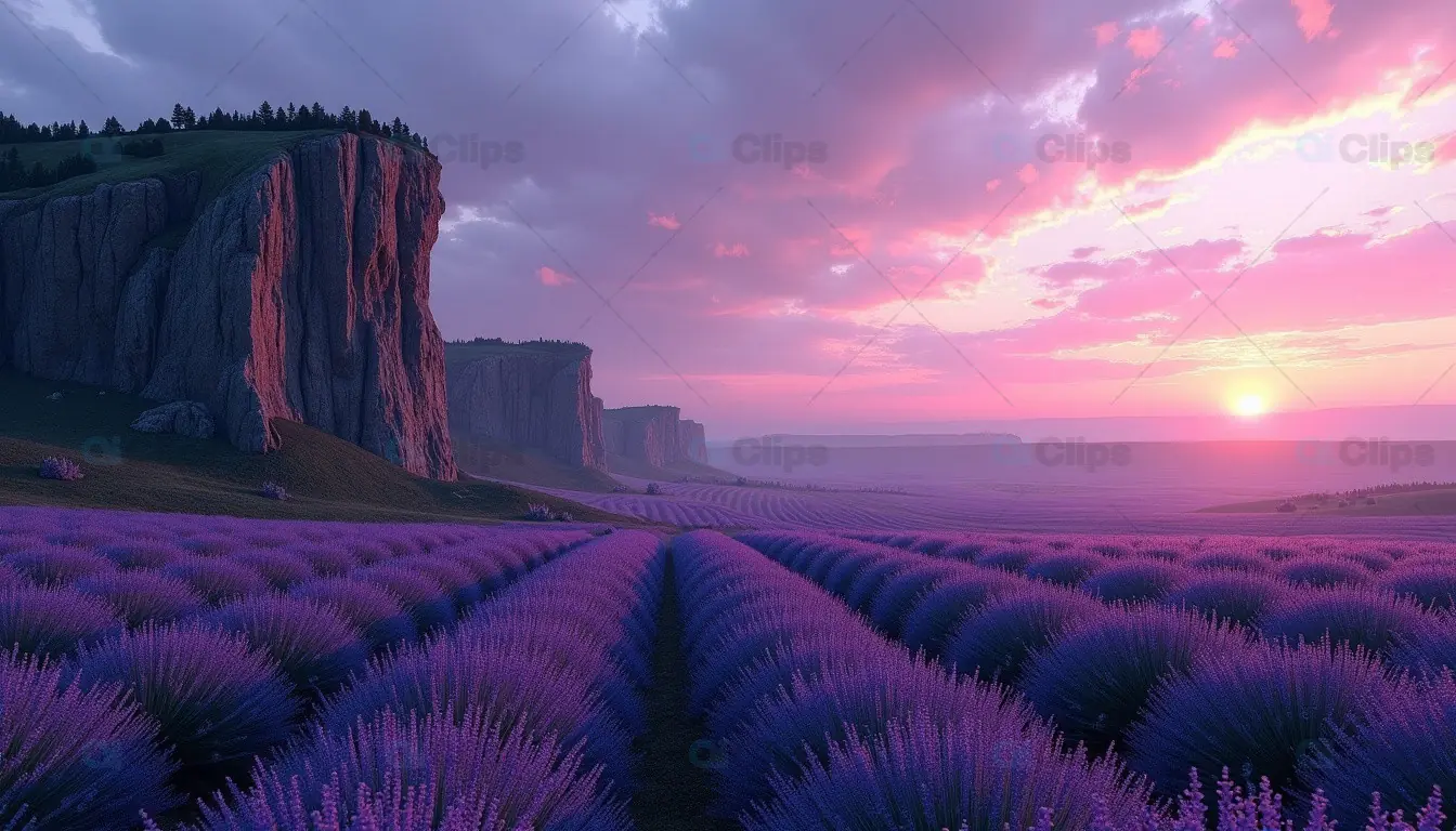 Vibrant Sunset Over Lavender Fields and Cliffs