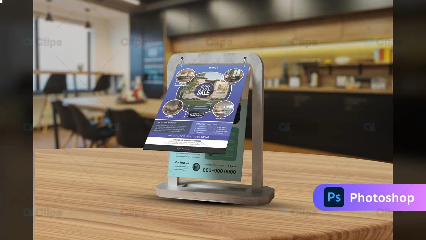 Real Estate Flyer Display Stand on Wooden Table Mockup