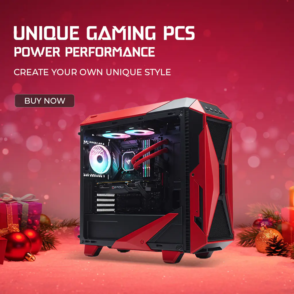 Festive Red Gaming PC Ad Banner – Holiday-Themed Unique Performance Promo Template