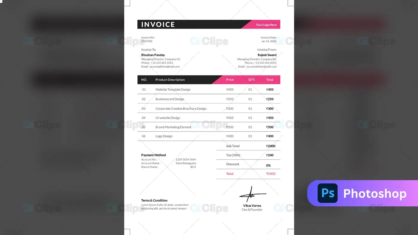 Modern Pink Accent Professional Service Invoice Template