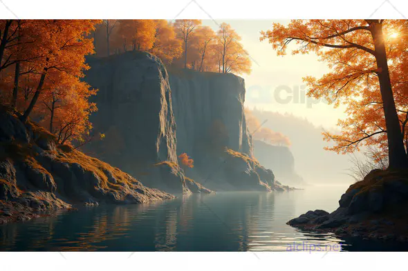 Golden Autumn Cliffs Reflecting on Calm Waters