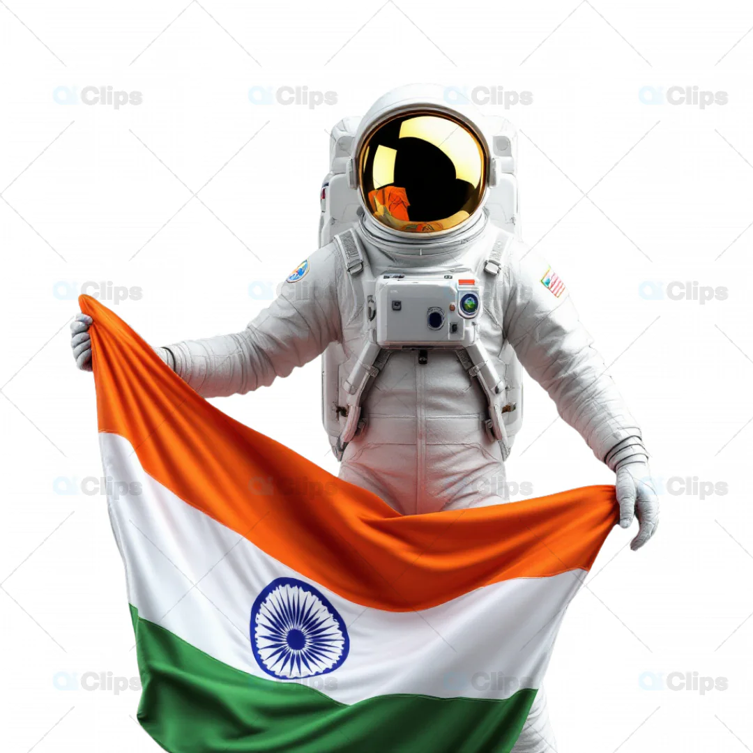 Indian Astronaut Holding National Flag 3D Illustration