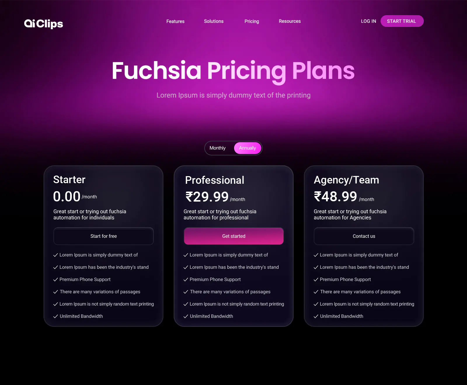 Fuchsia Pricing Table Template