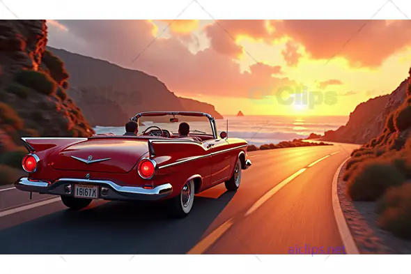 Vintage Convertible Car on Sunset Coastal Drive