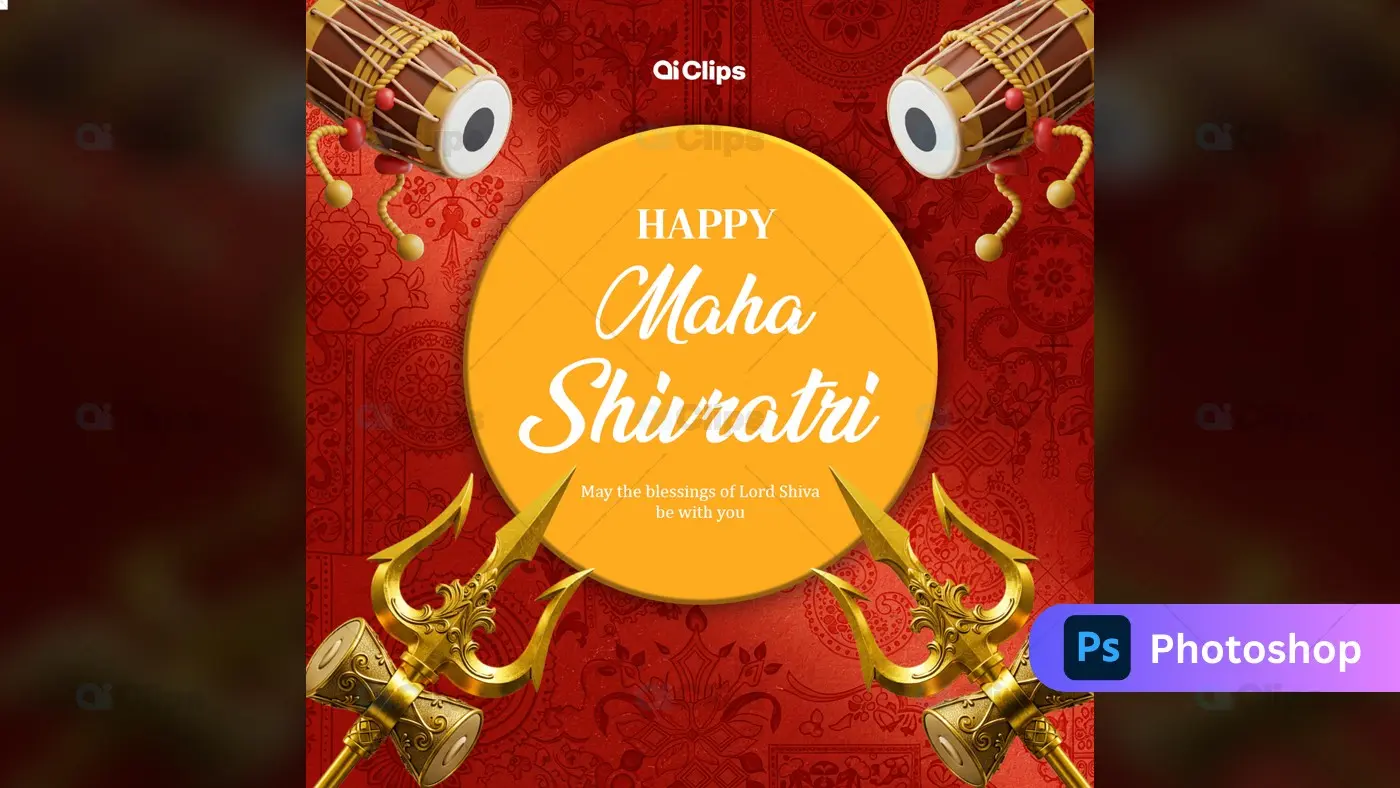 Traditional Maha Shivratri Greeting Card Design with Damru and Trishul