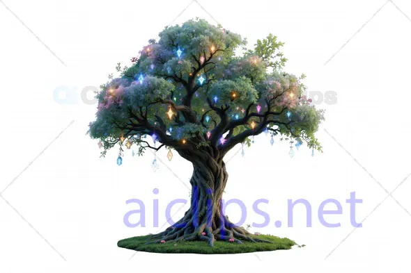 Enchanted Fantasy Tree with Hanging Crystals and Glowing Lights - 3D Model