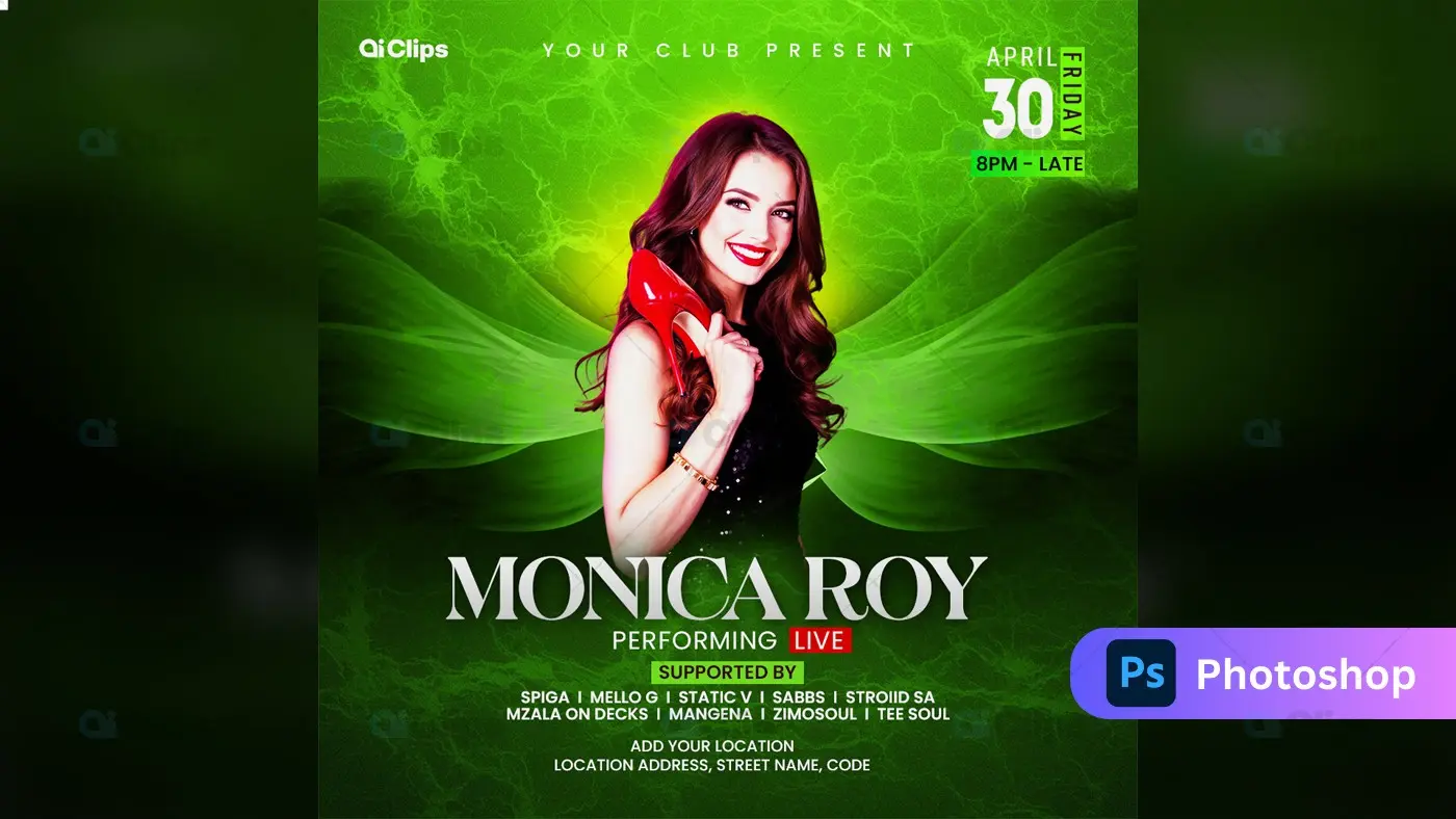 Elegant Club Performance Flyer on Vibrant Green Background