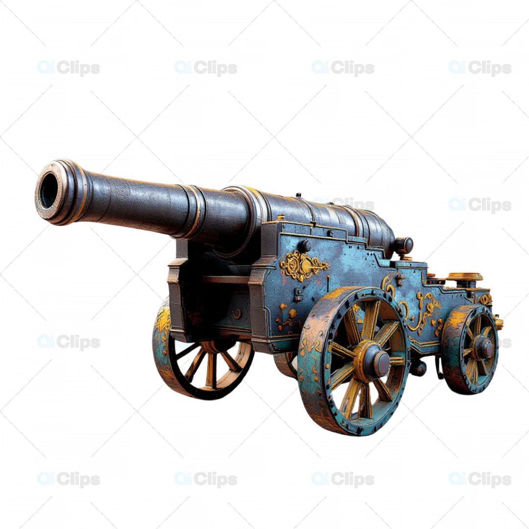 Decorative Vintage Cannon 3D Model with Blue and Gold Ornate Design