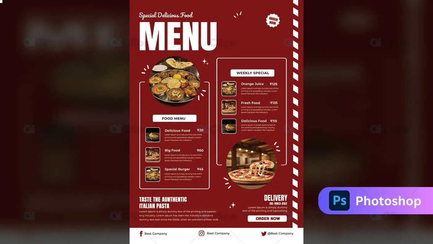 Modern Red Restaurant Food Menu Template with Photo Elements