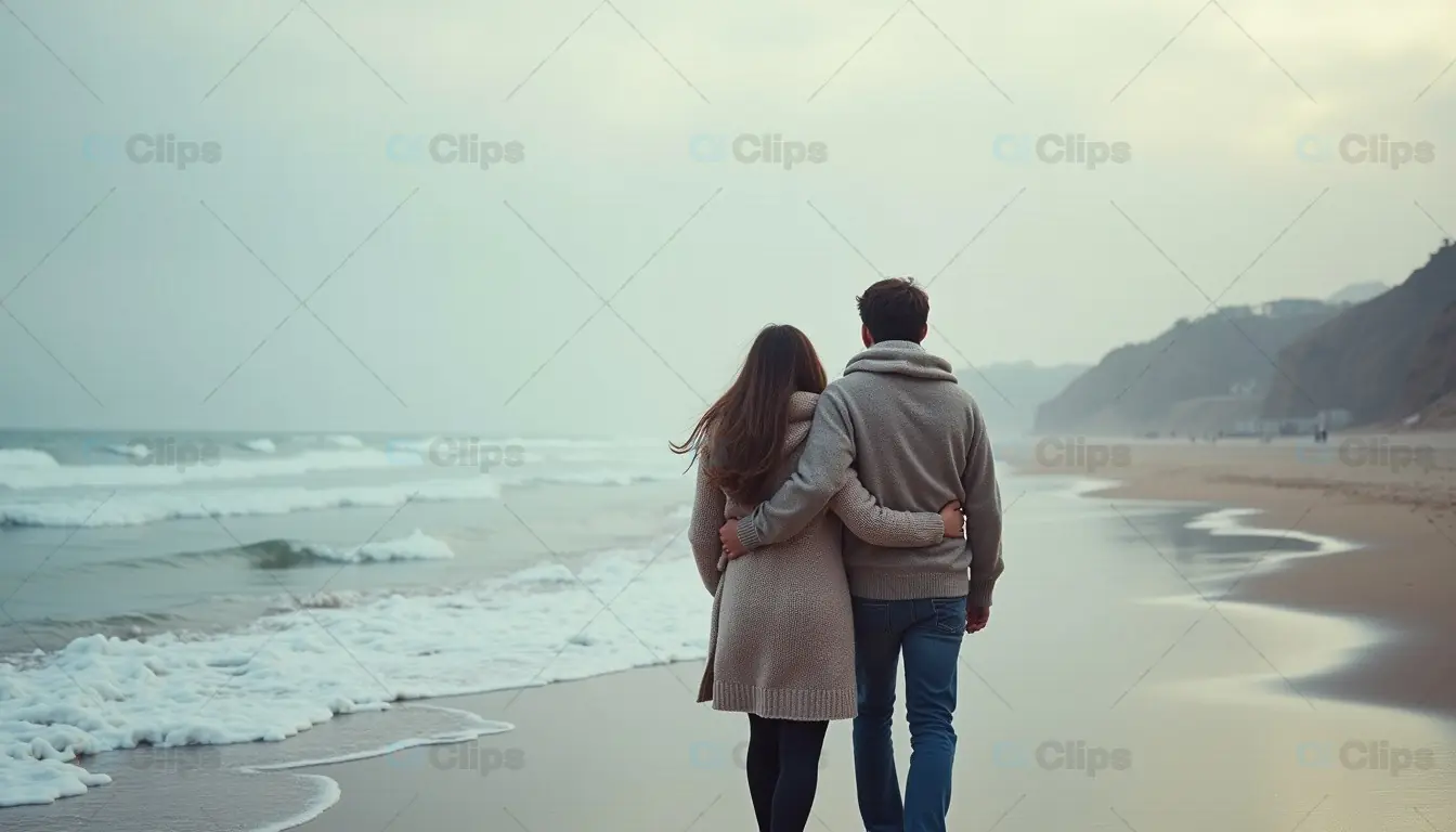 Romantic Couple Embracing on a Beach Walk – Serene Oceanfront Moment