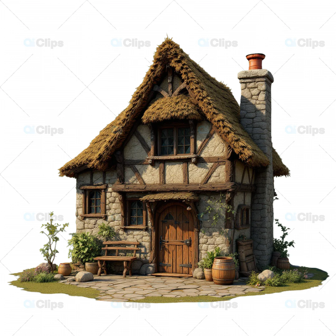 Charming Medieval Cottage with Stone Walls and Thatch Roof - 3D Model