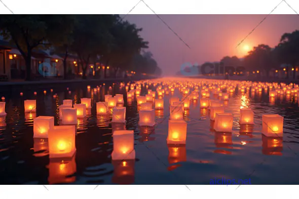 Floating Lanterns on Water at Sunset
