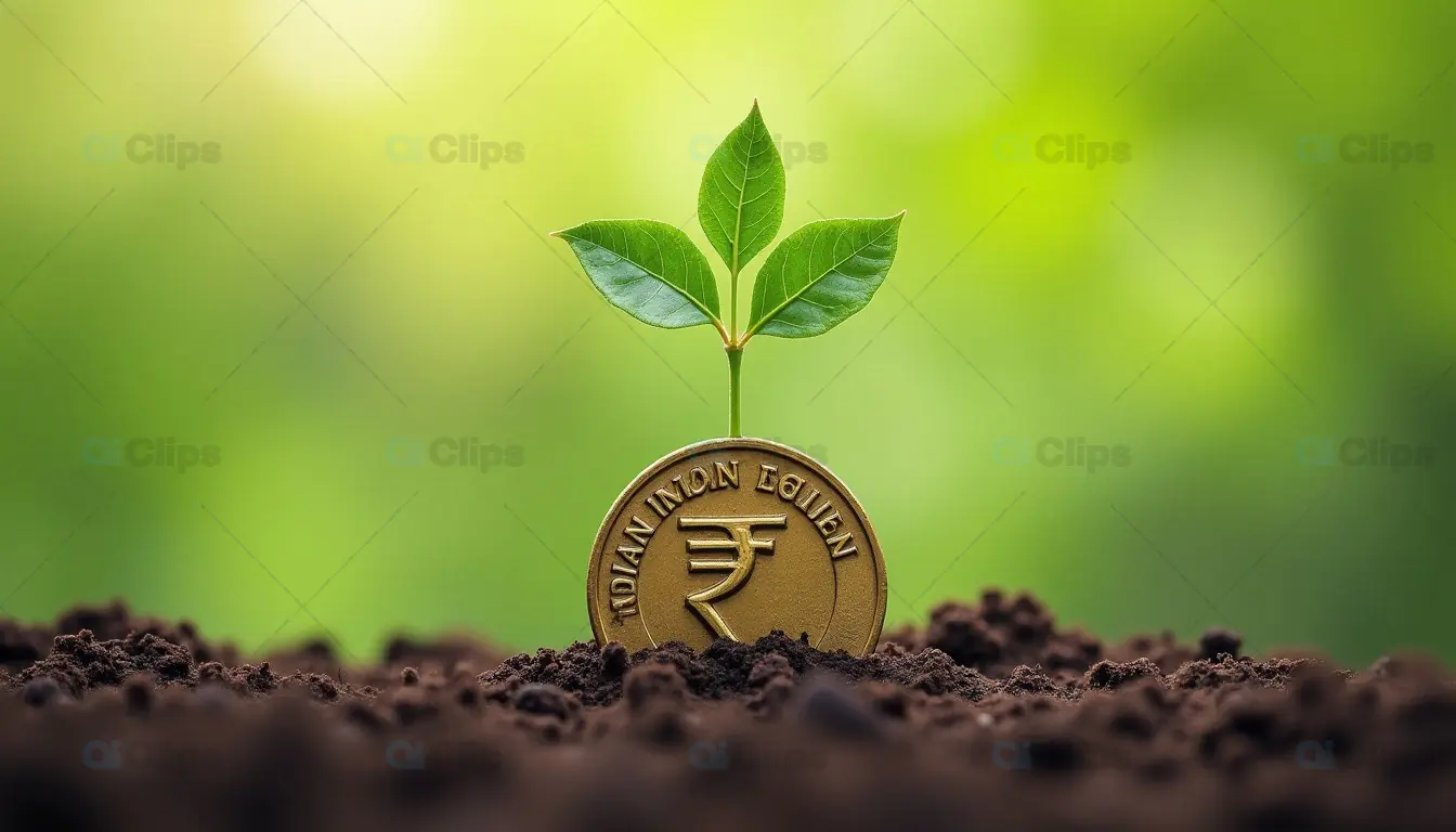 Indian Rupee Coin with Growing Plant in Soil