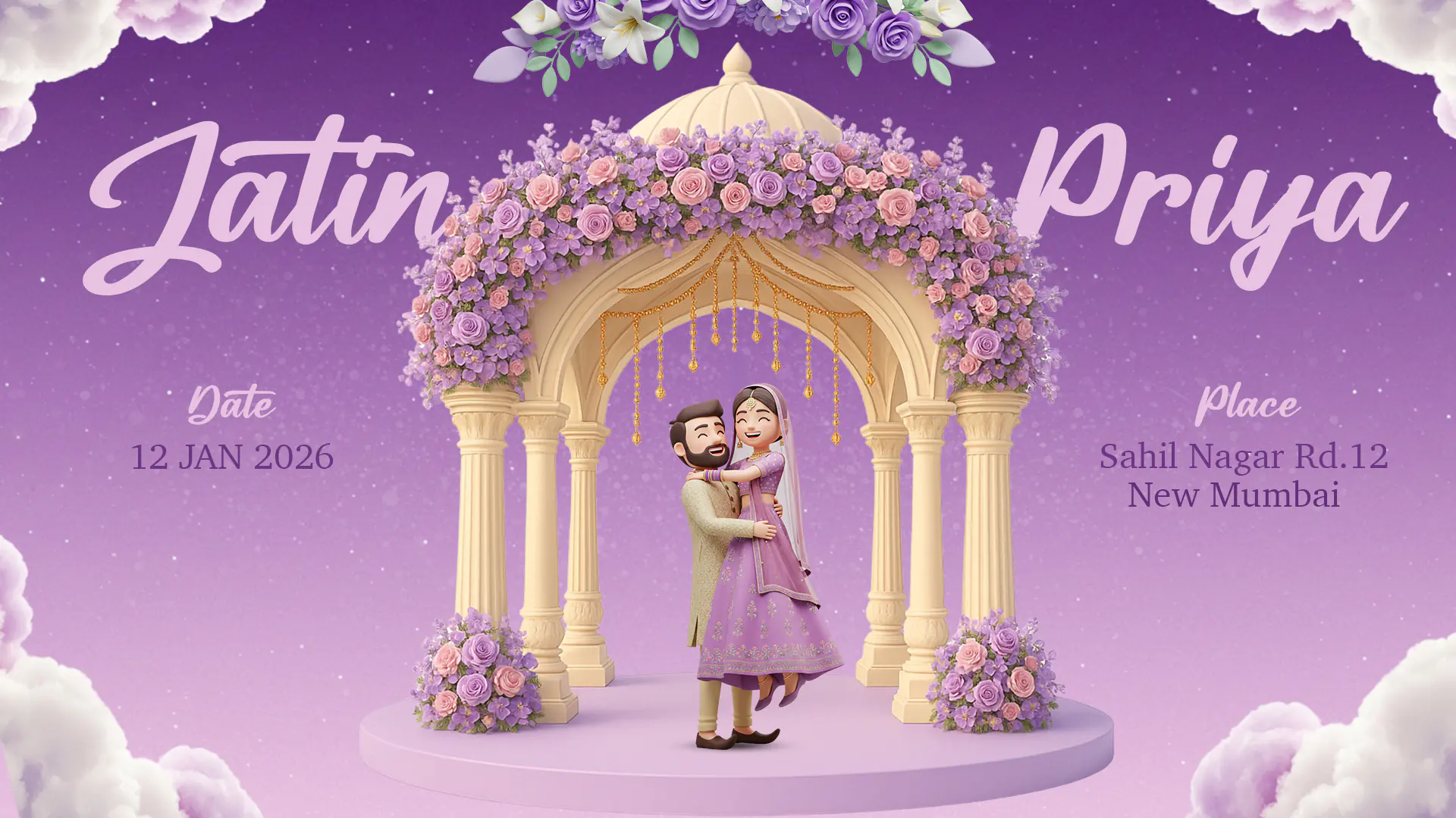 Lavender Purple 3D Indian Wedding Invitation Template