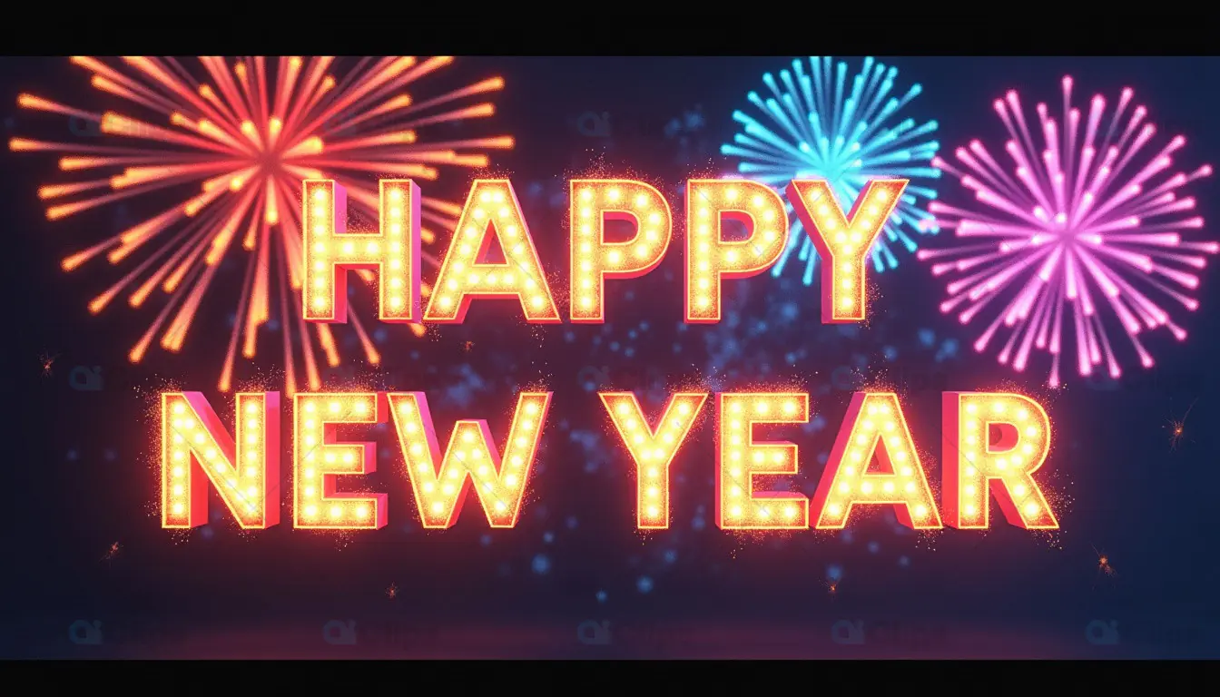 Happy New Year Neon Lights with Fireworks