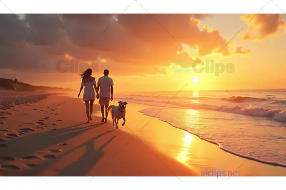 Couple Walking with Dog on Beach at Sunset