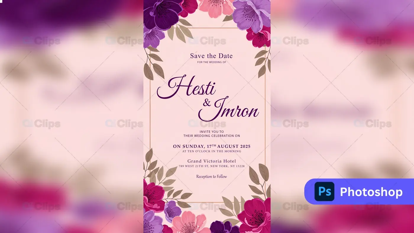 Floral Elegent Wedding Invitation PSD Template