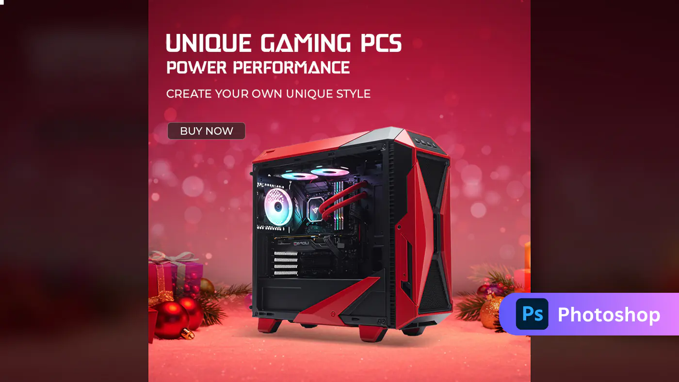Festive Red Gaming PC Ad Banner – Holiday-Themed Unique Performance Promo Template