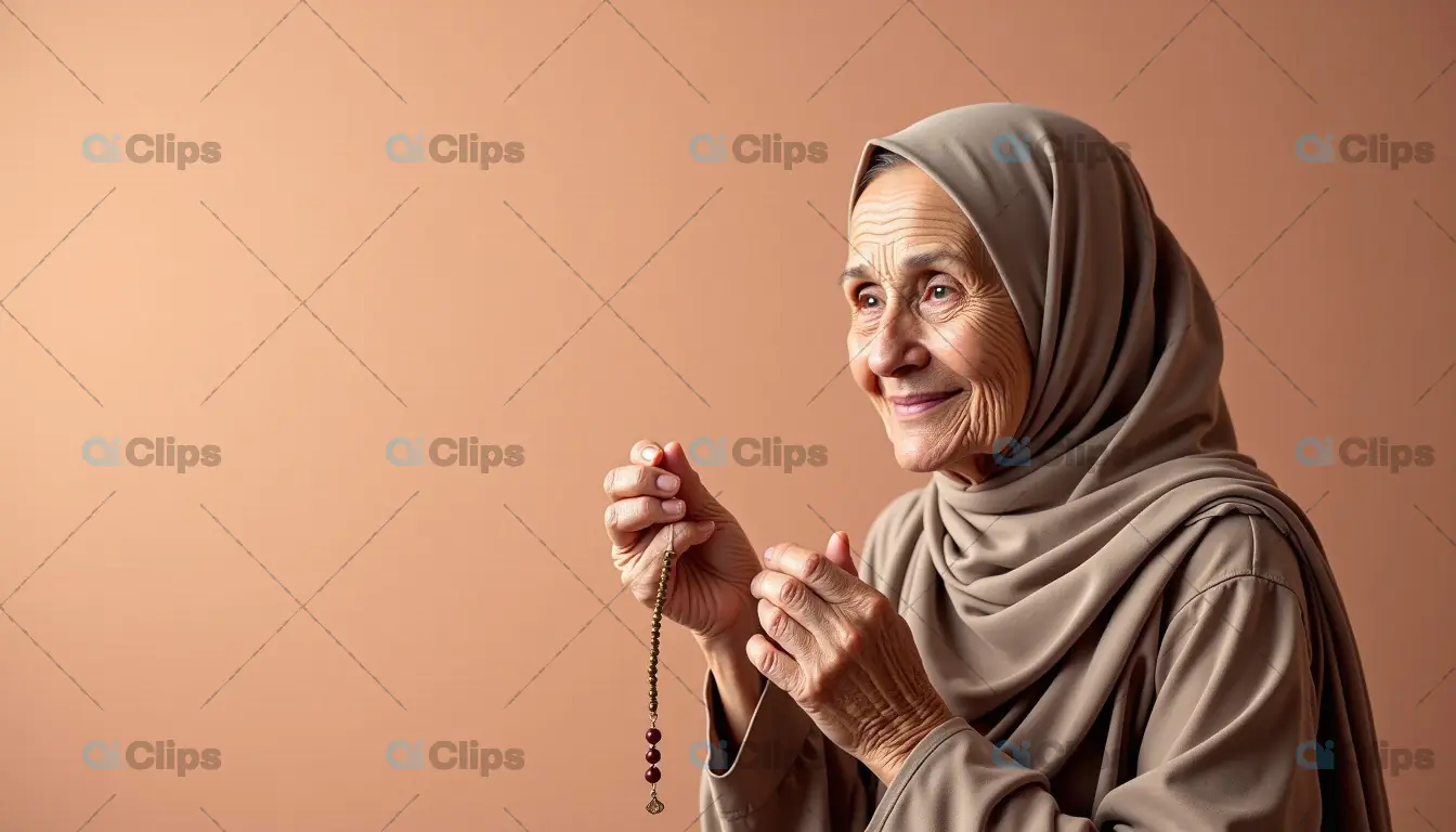 Elderly Woman in Hijab Holding Prayer Beads
