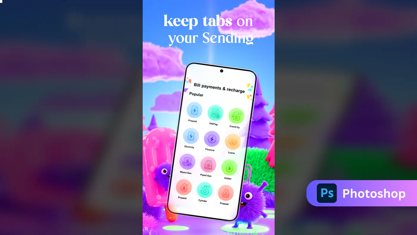 Bill Payment & Recharge App UI Template with Colorful Fantasy Background
