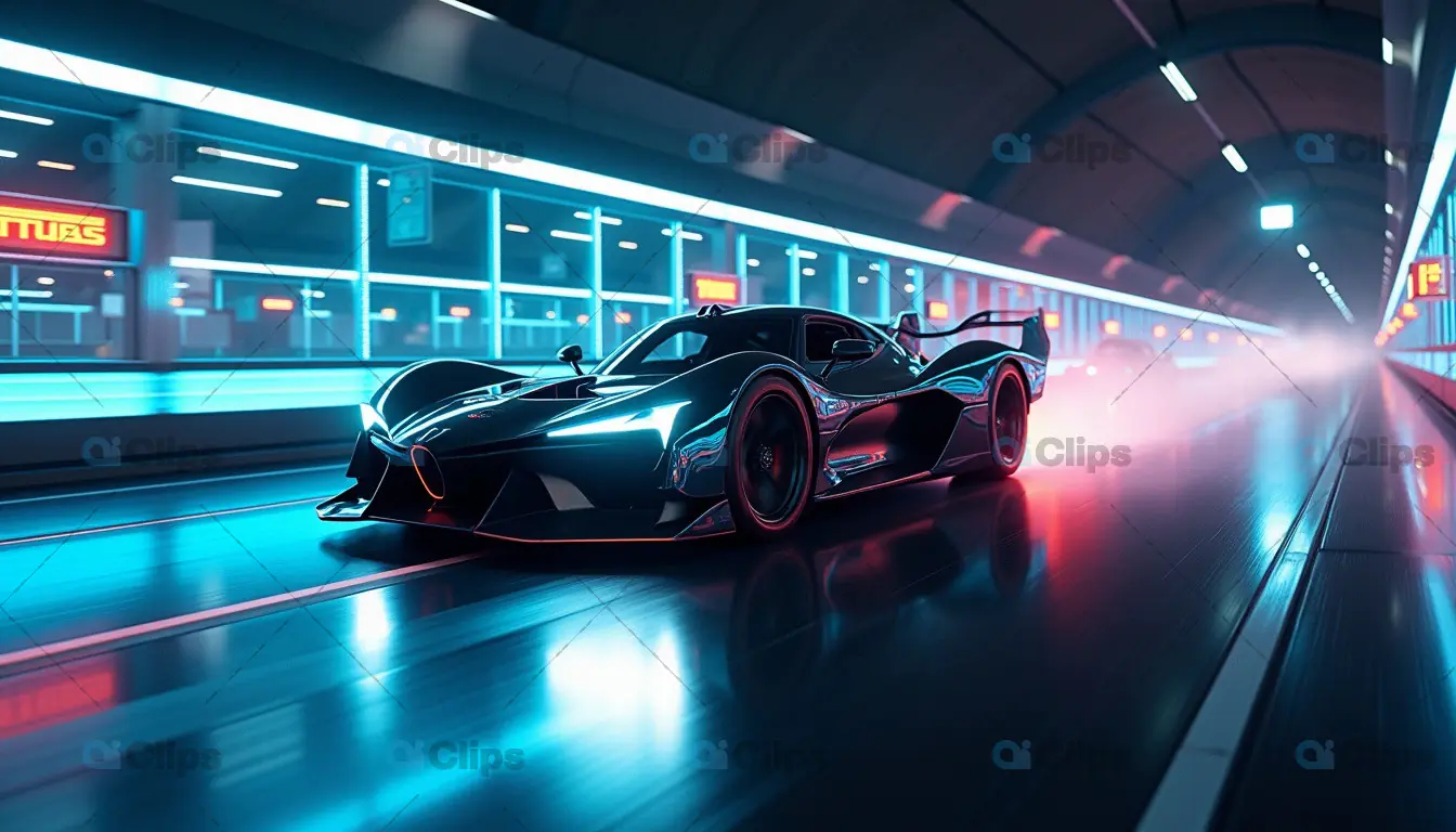 Futuristic Hypercar Racing in Neon-Lit Tunnel