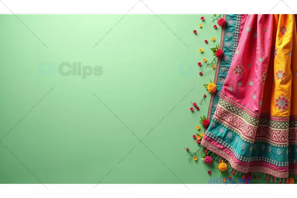 Vibrant Indian Saree with Floral Details on Green Background