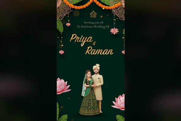 Dark Green 3D Indian Wedding Invitation Template with Lotus Theme and Traditional Cartoon Couple