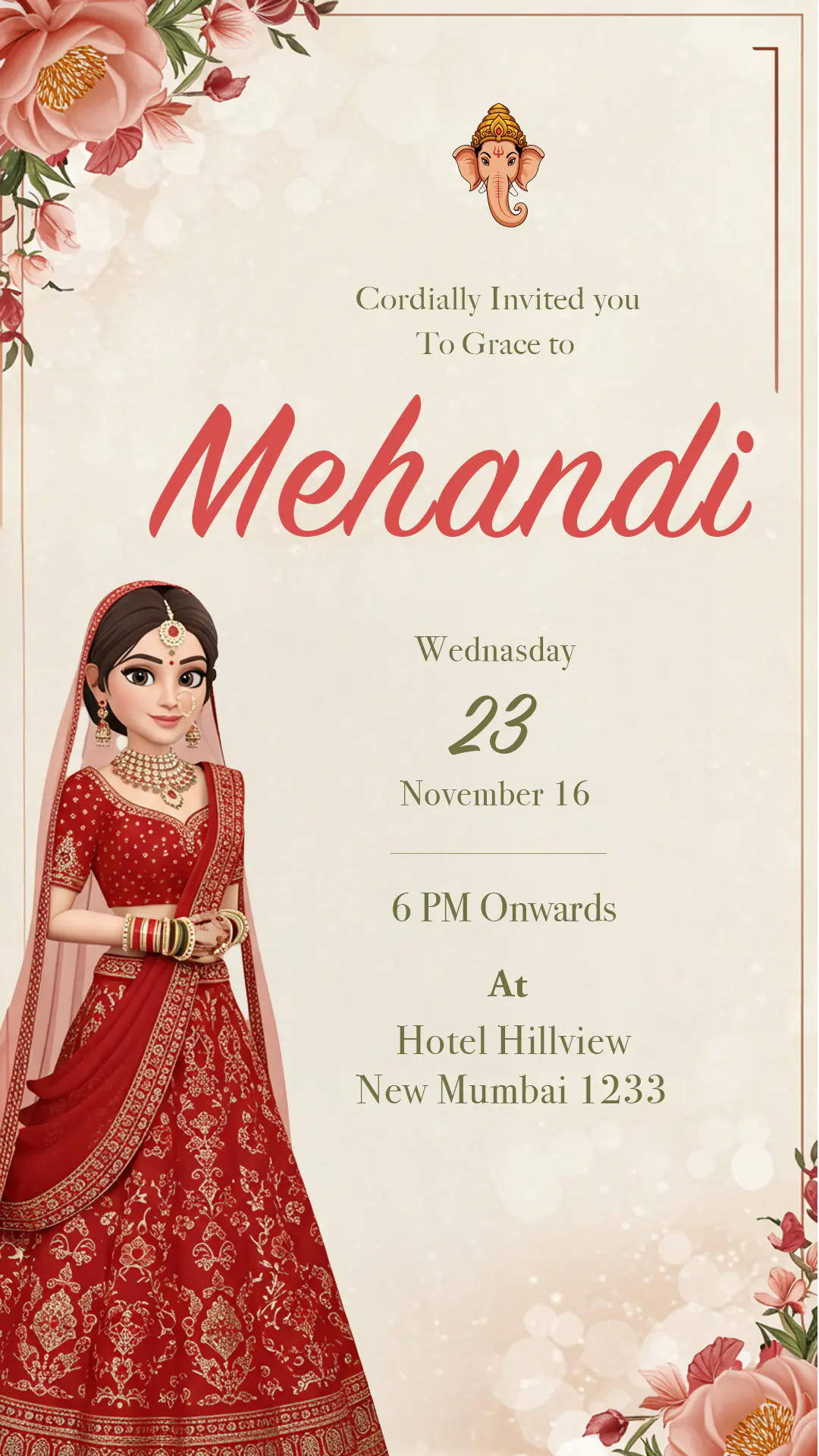 3D Indian Mehandi Invitation Template Featuring Bride in Red Saree
