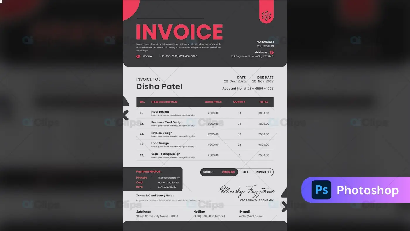 Modern Dark Professional Invoice Template Design