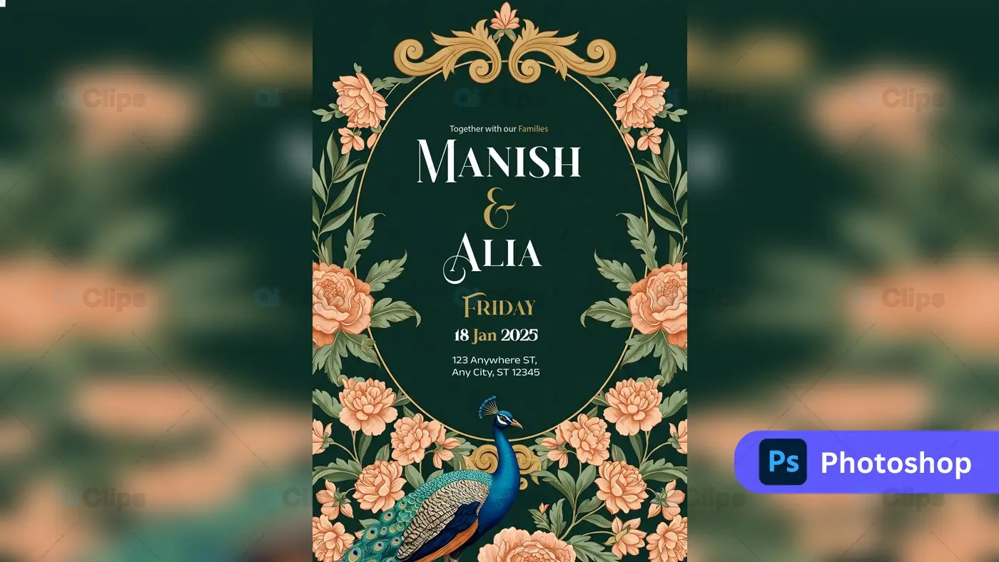 Regal Peacock Wedding Invitation PSD Template