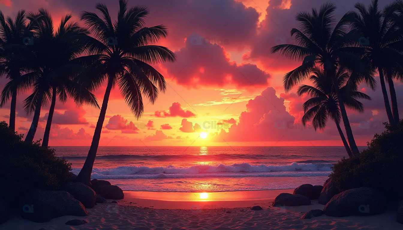 Tropical Sunset Beach with Palm Trees – Vibrant Ocean Horizon