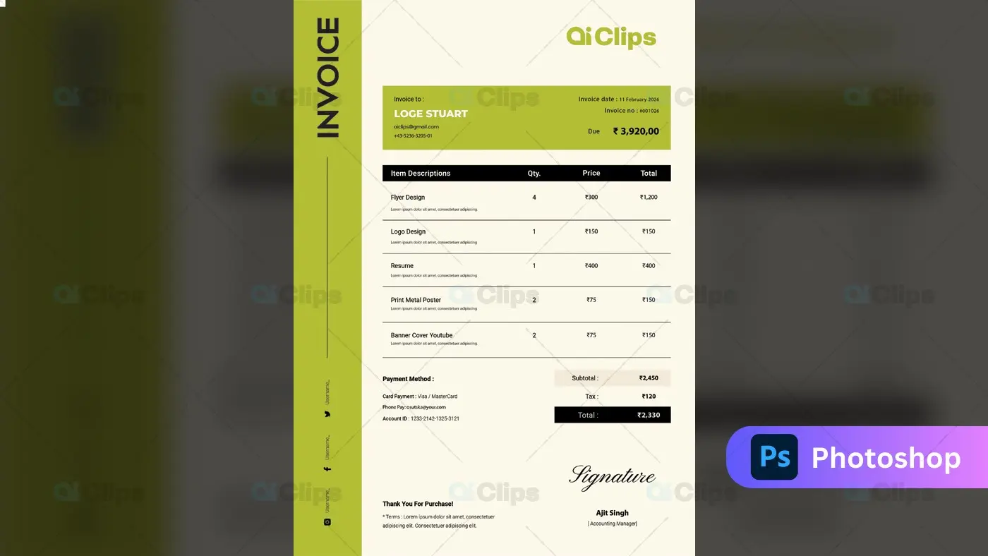 Modern Lime Green Professional Invoice Template Design