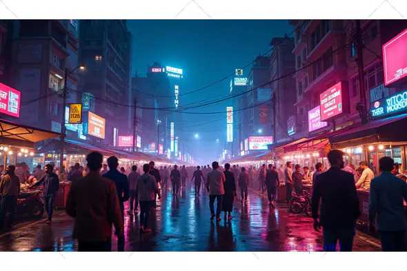 Night Street Market with Neon Lights