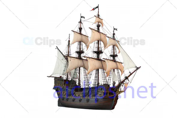 Detailed 3D Model of Classic Pirate Ship with Full Rigging and Sails