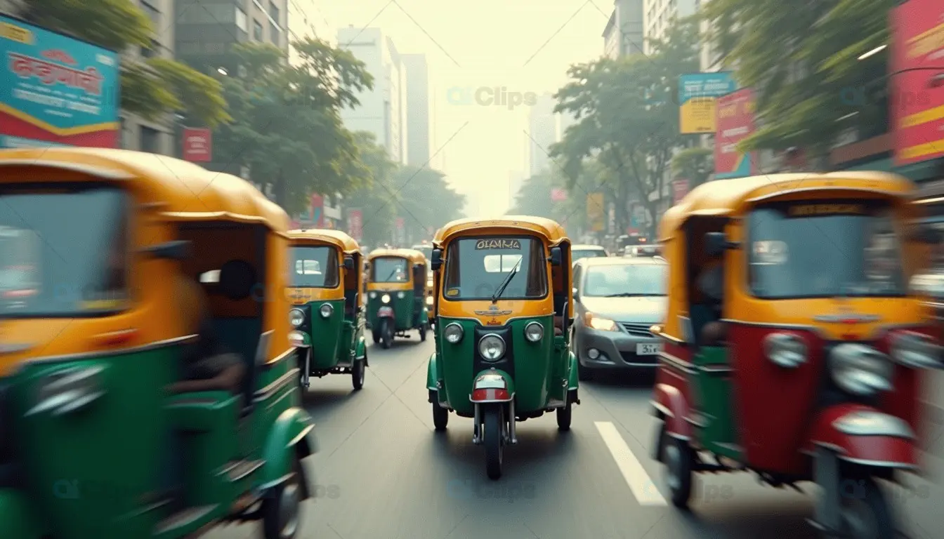 Fast-Paced Indian City Street with Auto Rickshaws