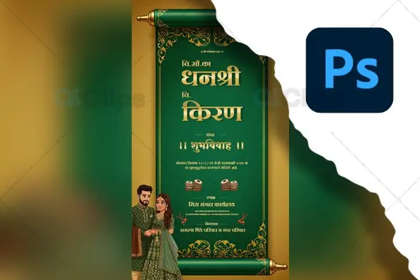 Traditional Wedding Invitation Scroll PSD Template