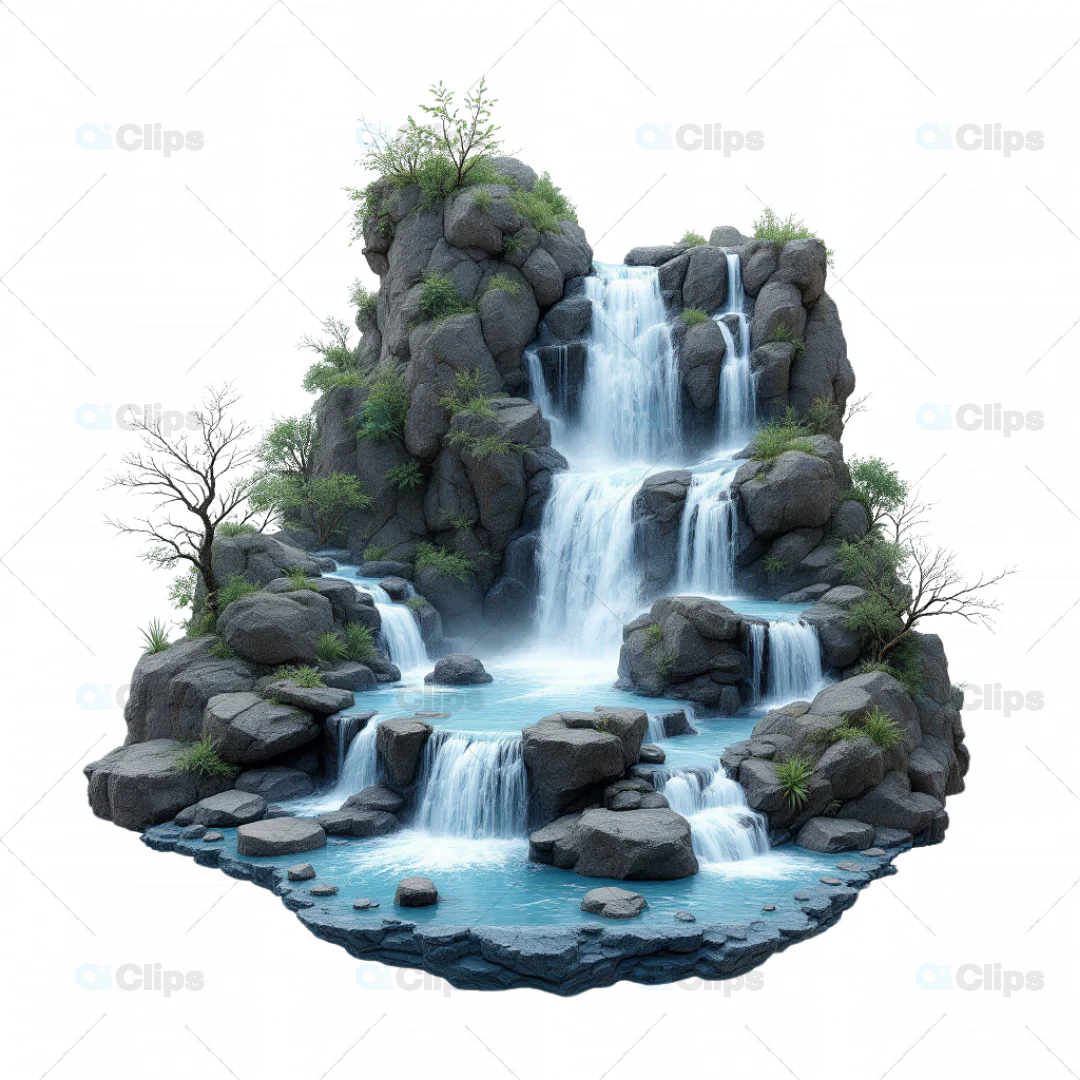 Multi-Tier 3D Waterfall with Rocks and Greenery
