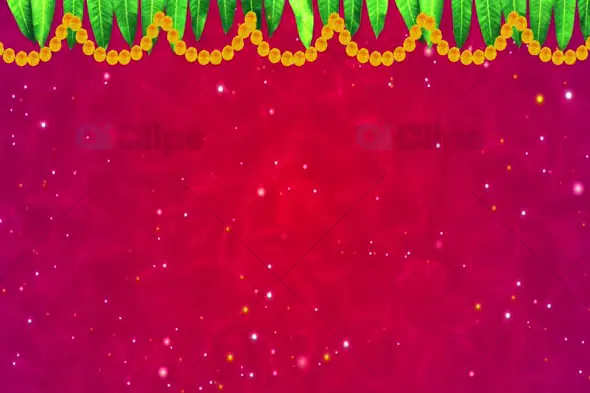 estive Red Background with Leaf Garland and Golden Marigold Flowers
