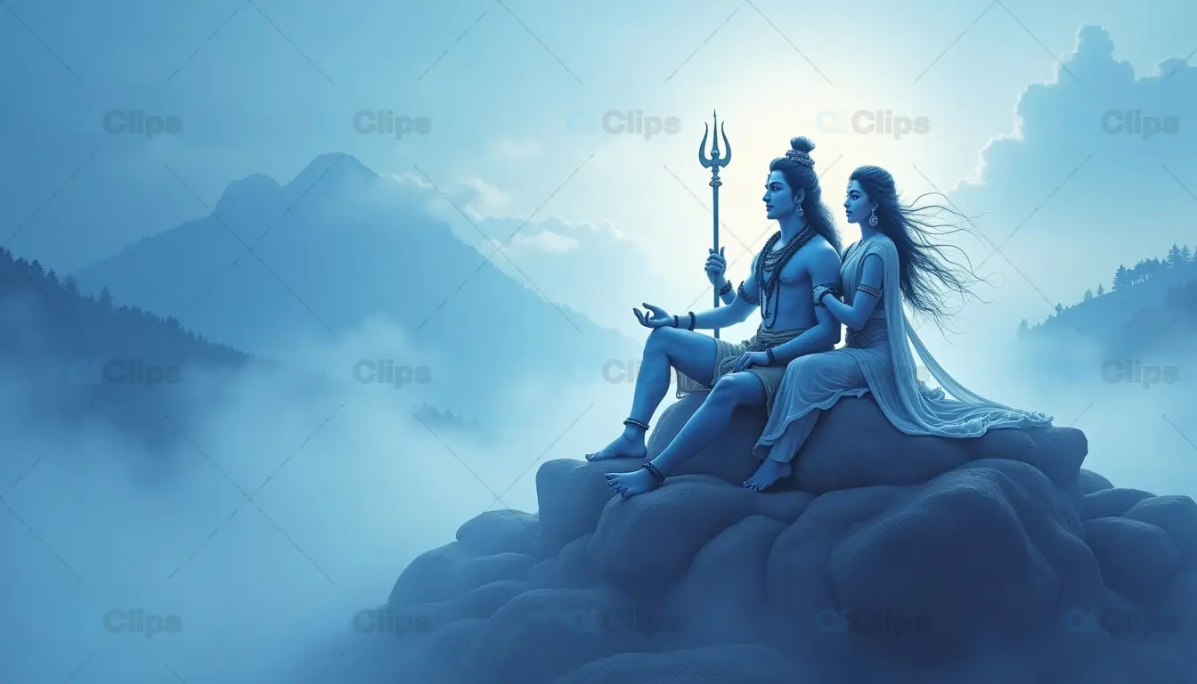 Shiva and Parvati Meditating on a Misty Mountain Peak