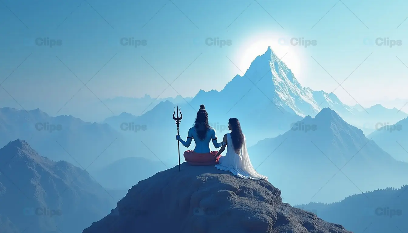 Lord Shiva and Parvati on a Mountain Peak in Divine Serenity