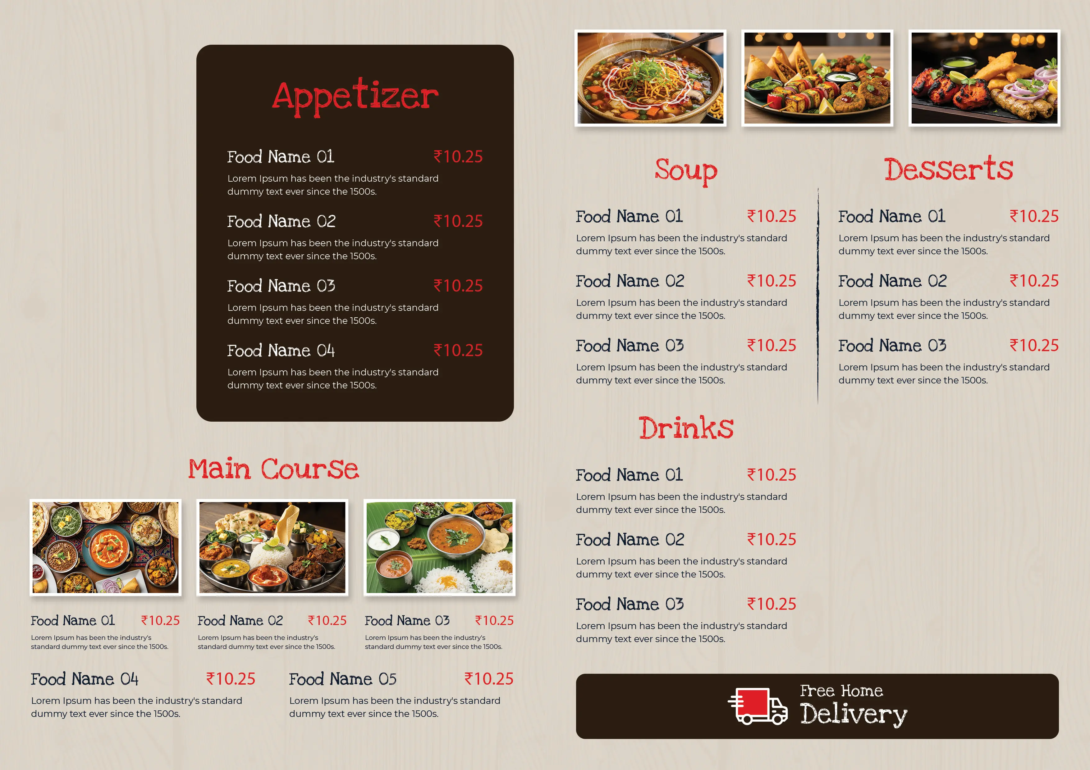 Restaurant Menu Design Template with Food Categories