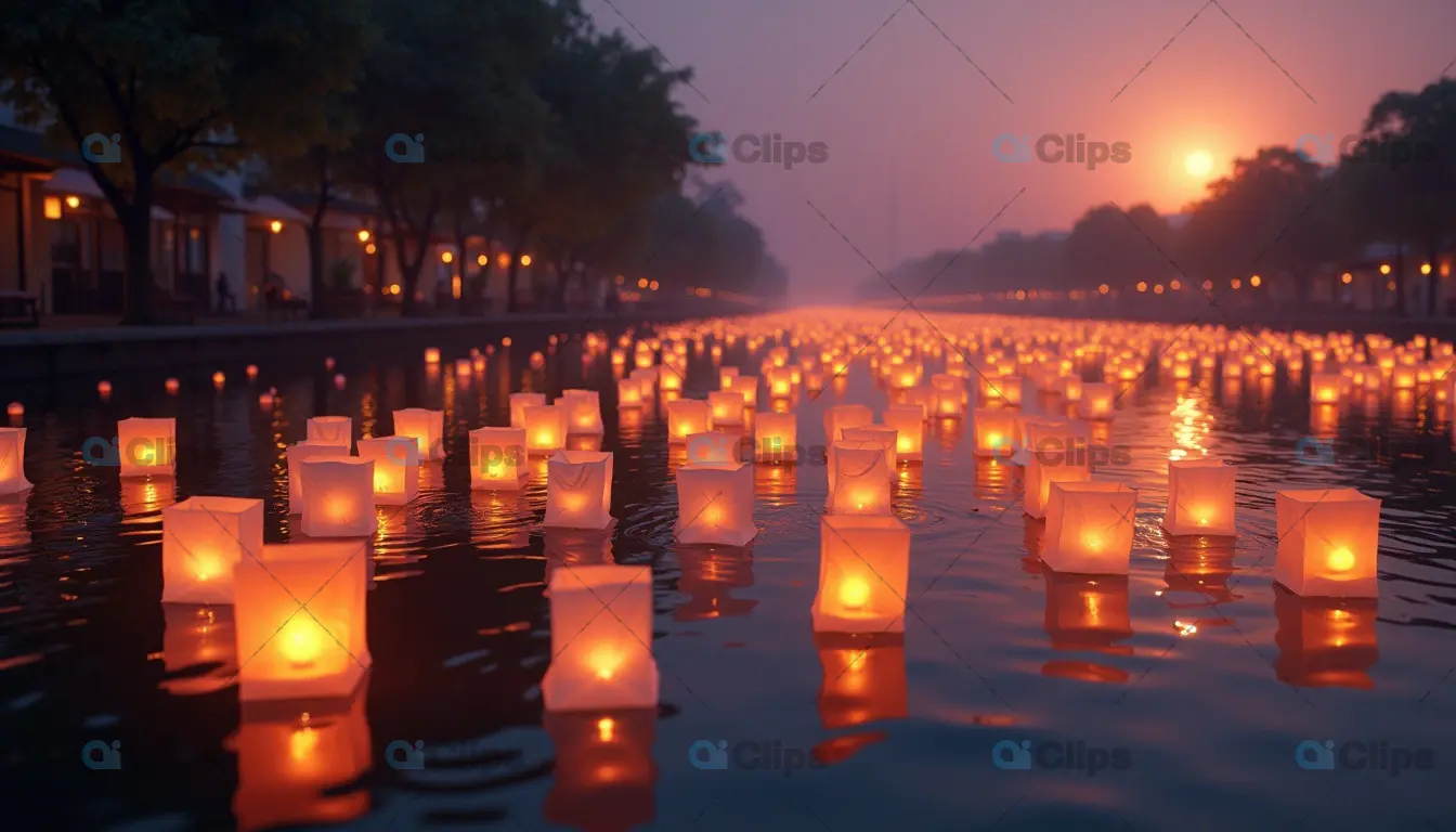 Floating Lanterns on Water at Sunset