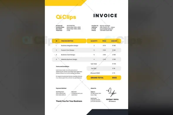 Modern Yellow Corporate Invoice Template Design