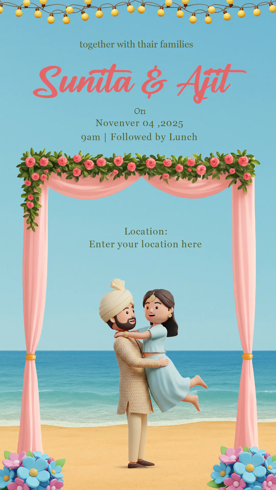 Beach Theme 3D Indian Wedding Invitation Template