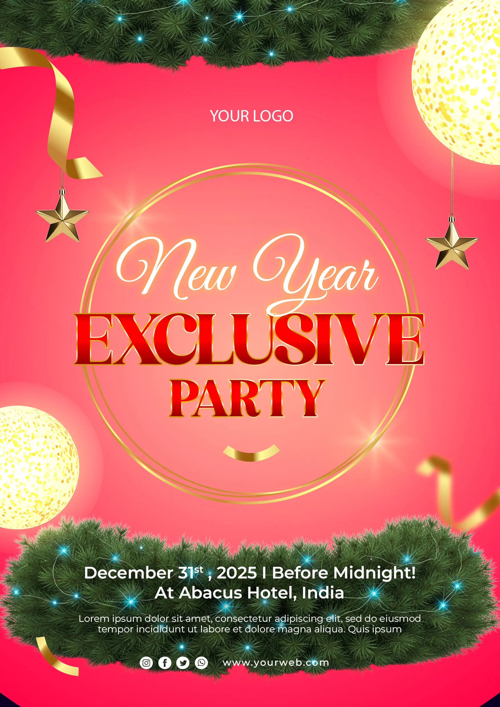 Coral New Year Exclusive Party Invitation Template