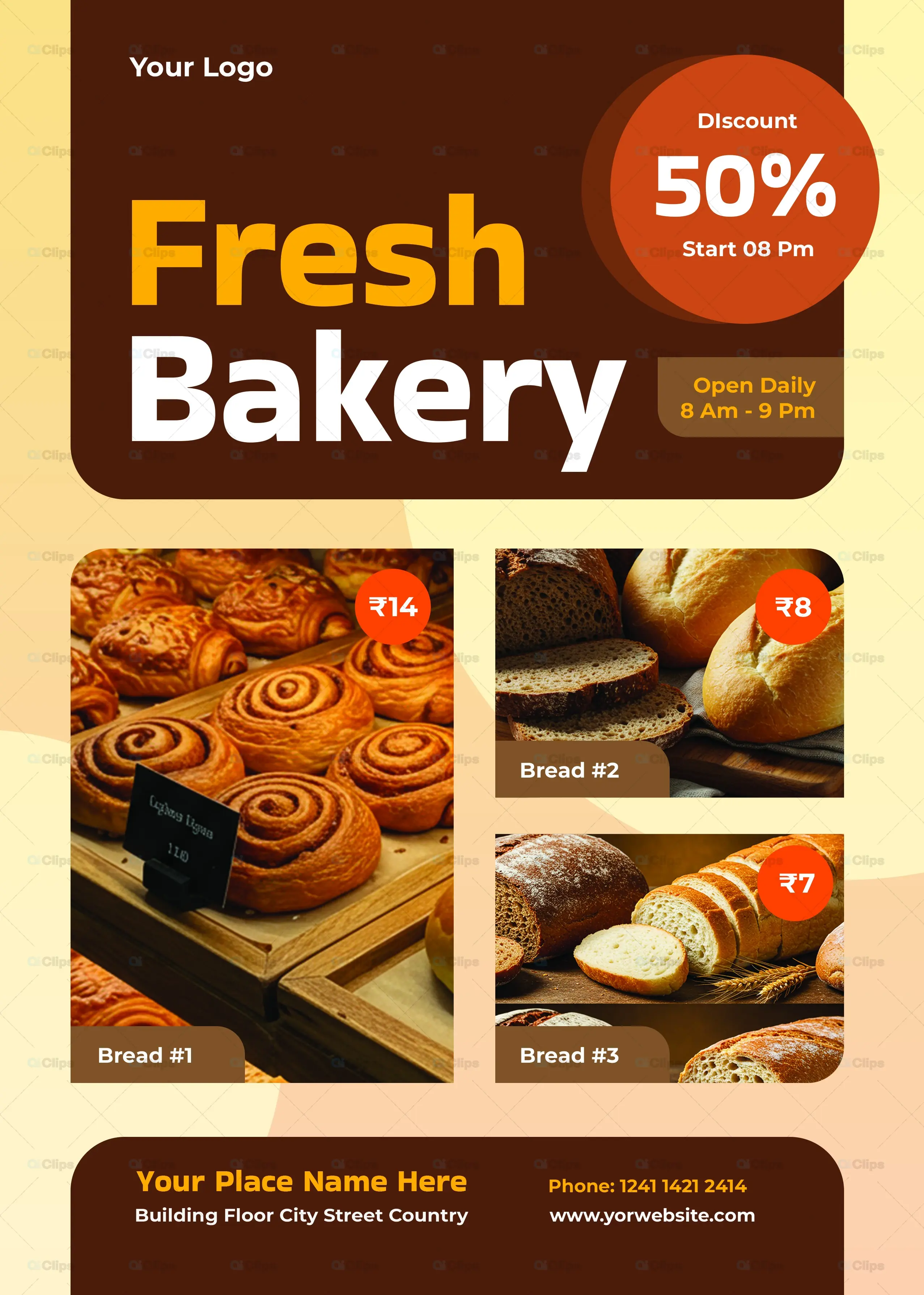 Fresh Bakery Shop 50% Discount Promotional Template