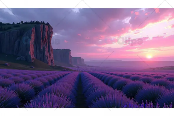 Vibrant Sunset Over Lavender Fields and Cliffs