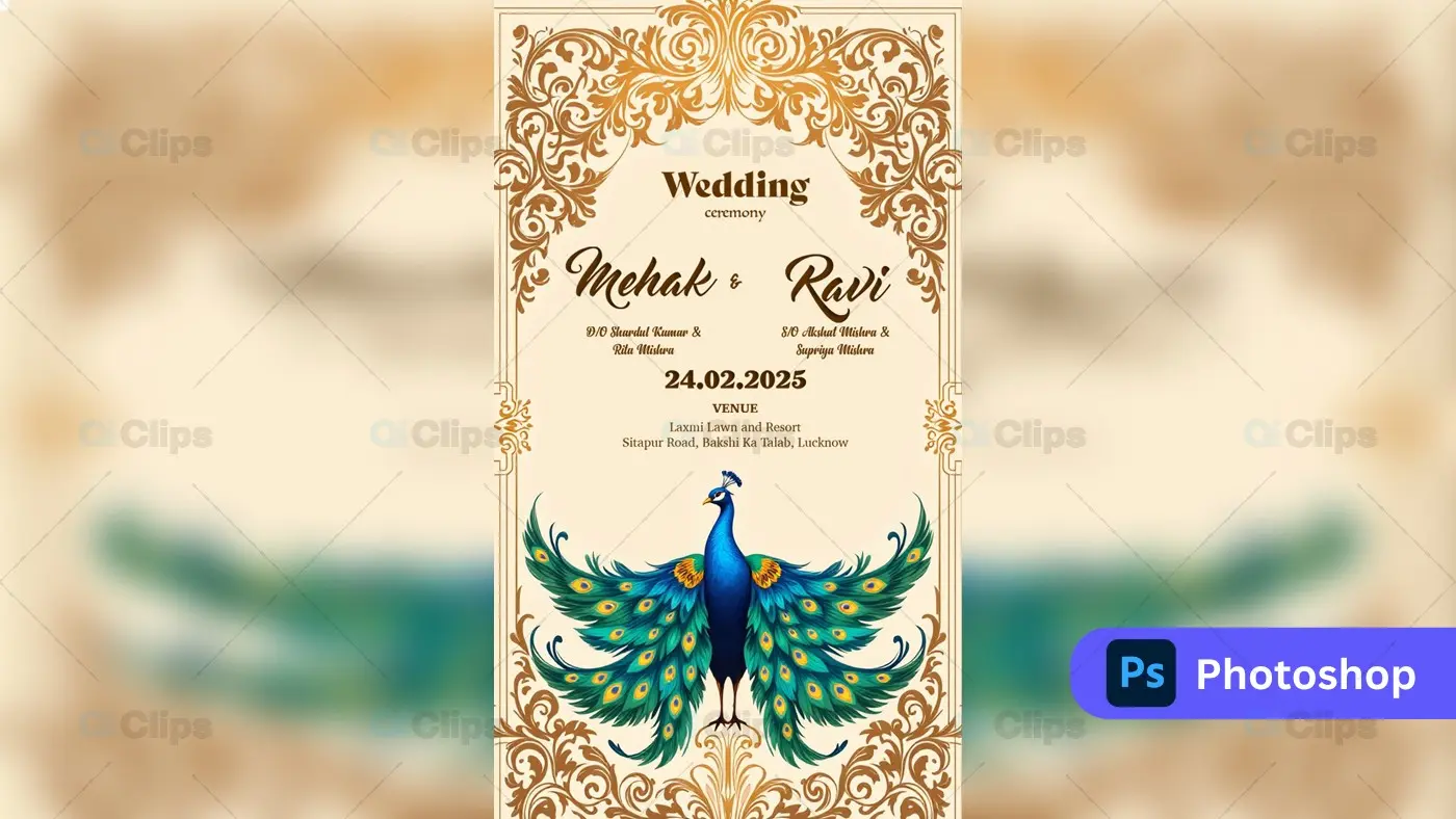 Ornate Peacock Wedding Invitation PSD Template